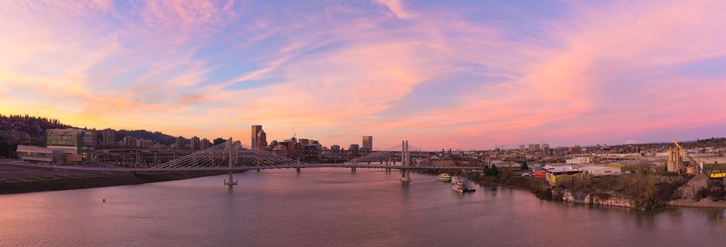 Alpenglow Sunset Over Portland Oregon Skyline with Tilikum Bridge and Marquam Bridge Over Willamette River Panorama