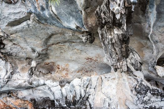 Ancient paintings on cave wall of the island is tourist attractions in Phang Nga Bay or Ao Phang Nga National Park, Thailand