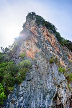 Colorful cliff and limestone mountain peak under the sunlight of summer in Phang Nga Bay National Park, Thailand