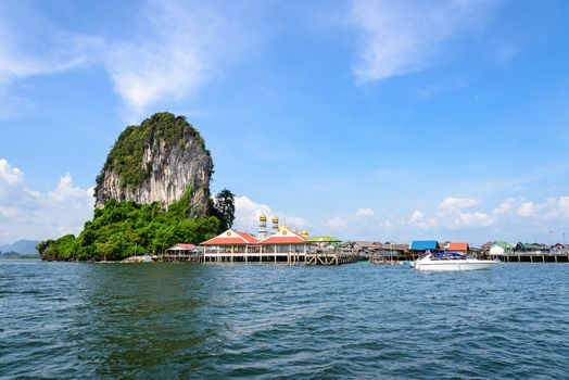 Beautiful landscape sea and blue sky in summer at Punyi Island or Koh Panyee is fisherman village cultural attractions travel by boat in Phang Nga Bay or Ao Phang Nga National Park, Thailand