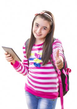 beautiful teenager girl in casual clothes with backpack holding digital tablet in her hand