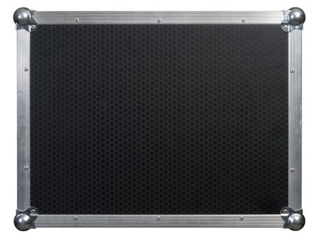 Photo of a isolated road case or flight case with reinforced metal corners.  Background image for music-related shipping and touring. Clipping path included.
