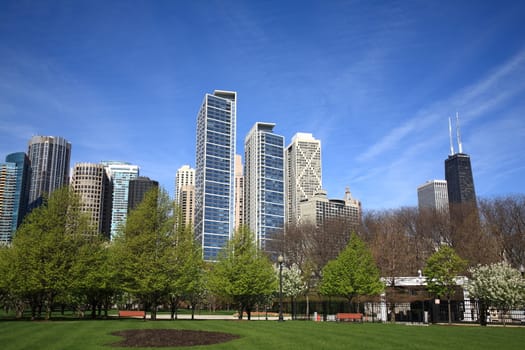 Buildings and towers of Chicago rise from a city park.