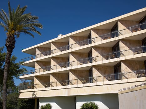 Pattern of hotel room balconies made of stone and marble