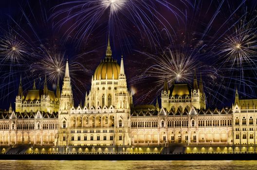 Fireworks and Hungarian parliament, Budapest