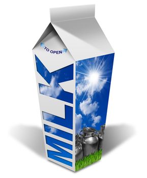 White packaging of fresh milk with text Milk, blue sky with clouds and sun rays, steel cans for the transport of milk, green grass. Isolated on white background