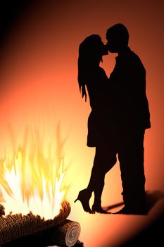 kiss shadow in front the fire