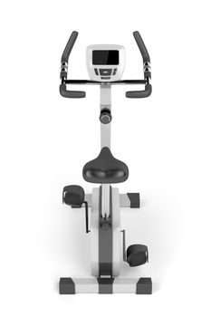 Stationary bicycle on white background, back view