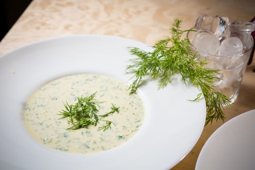 Traditional Russian kvass soup with vegetables - okroshka