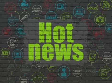 News concept: Painted green text Hot News on Black Brick wall background with Scheme Of Hand Drawn News Icons, 3d render