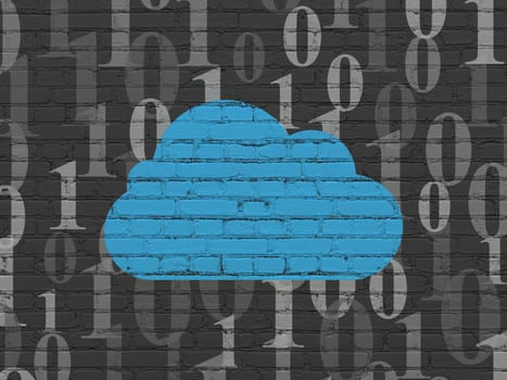 Cloud technology concept: Painted blue Cloud icon on Black Brick wall background with  Binary Code, 3d render