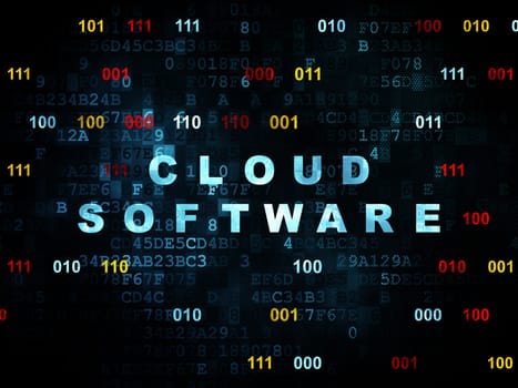 Cloud technology concept: Pixelated blue text Cloud Software on Digital wall background with Binary Code, 3d render