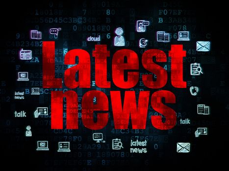 News concept: Pixelated red text Latest News on Digital background with  Hand Drawn News Icons, 3d render