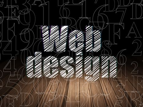 Web design concept: Glowing text Web Design in grunge dark room with Wooden Floor, black background with  Hexadecimal Code, 3d render