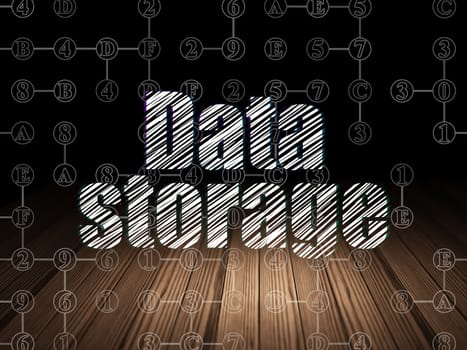 Information concept: Glowing text Data Storage in grunge dark room with Wooden Floor, black background with Scheme Of Hexadecimal Code, 3d render