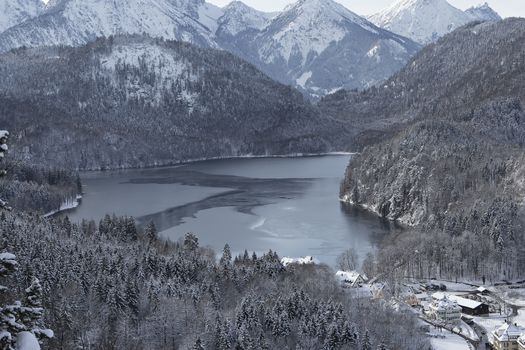 A lake seen from the castle in Neuschwanstein