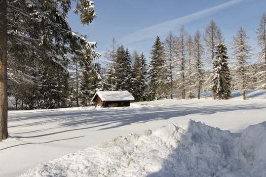 A little cabin in a forest in a winter landscape