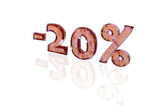 Transparent inscription minus 20 percent with a set of gold signs of percent in it