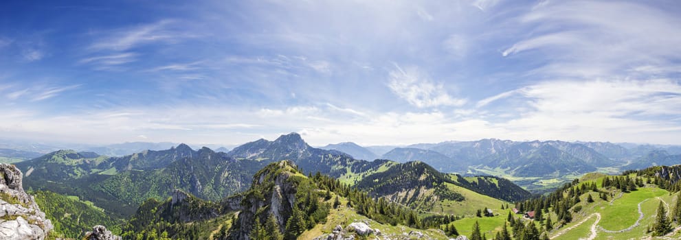 Panoramic view from the summit of Breitenstein in the Alps in Bavaria, Germany