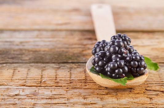 spoon of blackberries on wooden background closeup shot