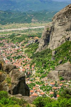 Kalambaka small town bird view from the Meteora rocks, Greece