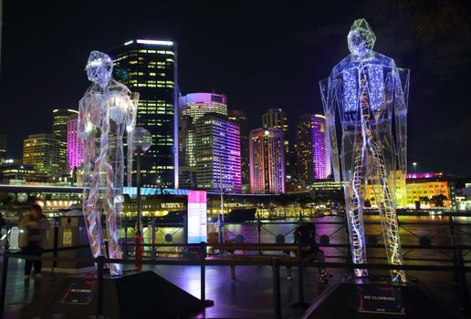 SYDNEY, AUSTRALIA - MAY 27, 2015; Sydney Vivid exhibit, Exposed reveals the interior worlds of three giant humanoid figures, each of which is transparent. Depicted are internal body humanoid and internal mechanics humanoid Artists: Mark Gregan / Leo Trimboli / Catalina Chica / Patrick O’Dowd