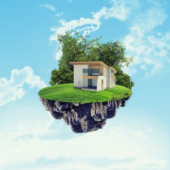 White house with brown roof on island in the sky with clouds