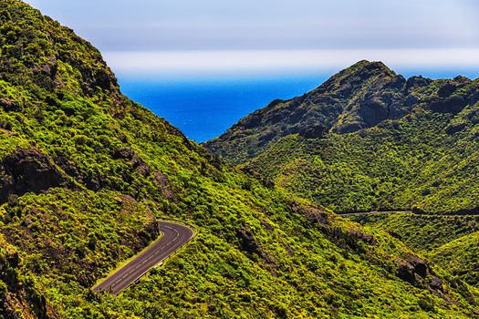 Green mountains or rocks valley with winding or serpantine road and sky with ocean on horizon or skyline landscape in Tenerife Canary island, Spain at spring