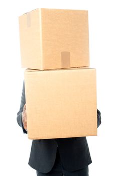 Businessman hiding his face with card boxes