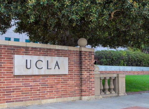 LOS ANGELES, CA/USA - MAY 25, 2015: Entrance sign to UCLA campus. UCLA is a public research university located in the Westwood neighborhood of Los Angeles, California, United States.