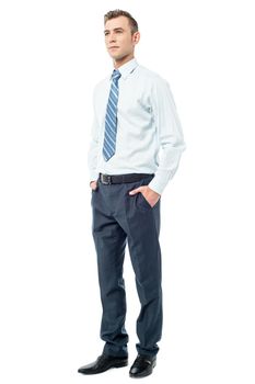 Relaxed male executive posing over white background 