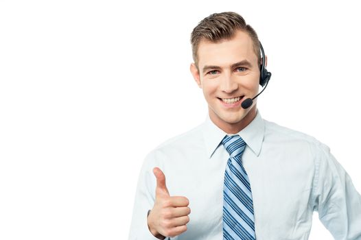 Customer support executive showing thumbs up
