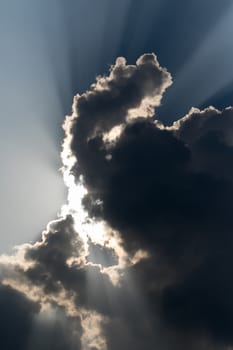 Clouds close up in sky before rain with sunray