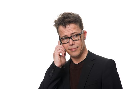 Close up Doubtful Middle Age Businessman Holding his Face While Looking Into Distance, Isolated on White Background.