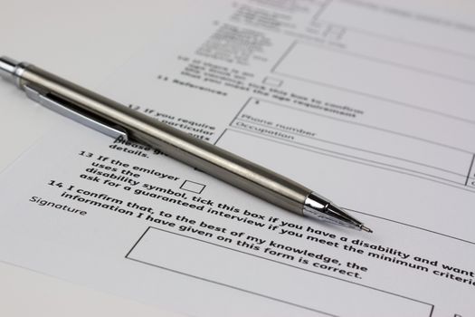 Close up of an application form to be completed