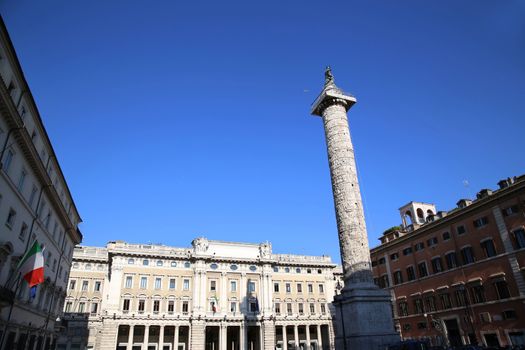 Column of Marcus Aurelius at Square Piazza Colonna in Rome, Italy