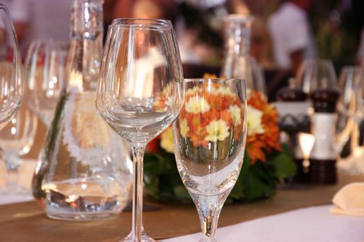 wineglasses setting on the arranged table in the restaurant