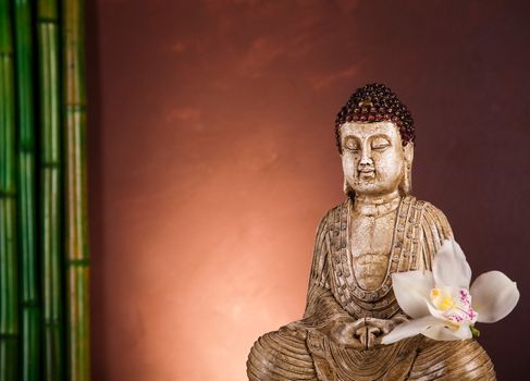 Buddha statue with orchid flower
