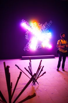 VENICE, ITALY - MAY 06: View of Bruce Nauman installation intitled "Human Nature, Life Death, Knows Doesn’t Knows, neon" showing at Arsenale during the 56th Venice Biennale on May 06, 2015