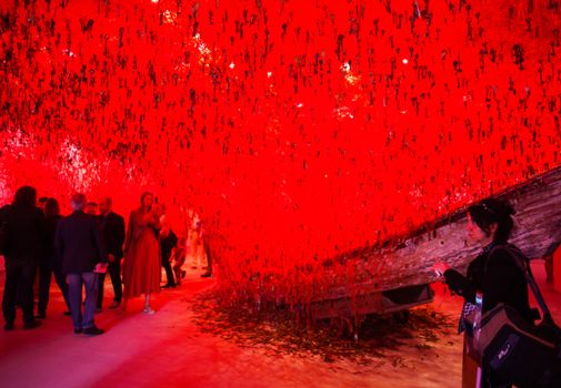 VENICE, ITALY - MAY 06: "The Key in the Hand" installation by Chiharu Shiota in the Japan National Pavilion at the 56 th Art exhibition of Venice biennale on May 06, 2015