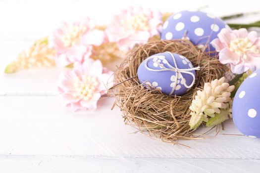 Easter Eggs with Nest on Fresh Green Grass