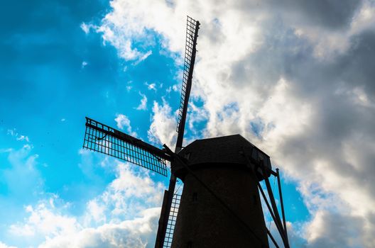 Kriemhild mill in Xanten, North Rhine-Westphalia, Germany is built on medieval walls. Wind mill is still in use.