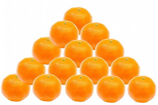 15 oranges stacked in a pyramid in front of white background.