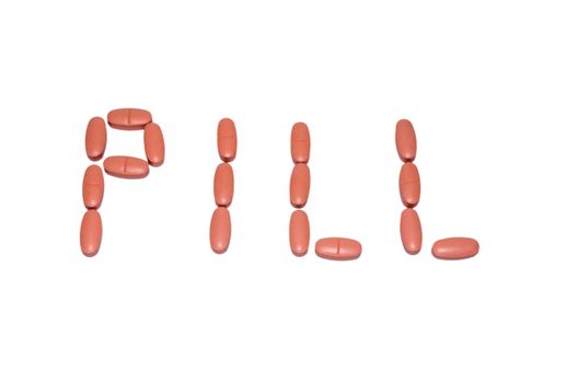 A number of tablets distributed on a light background.
The results is  the word Pill.