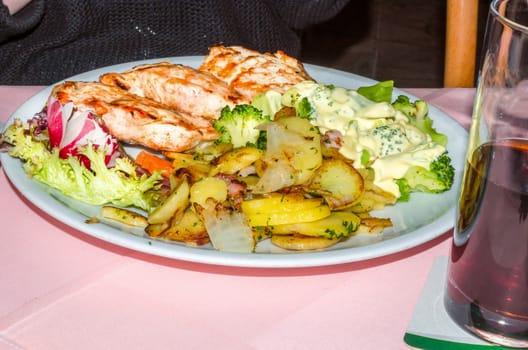 Turkey steak with fried potatoes. Side dishes, vegetables and salad