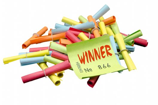 Winning tickets, lottery tickets different colors against white background.