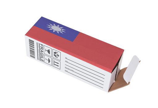 Concept of export, opened paper box - Product of Taiwan
