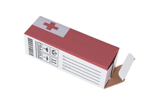 Concept of export, opened paper box - Product of Tonga