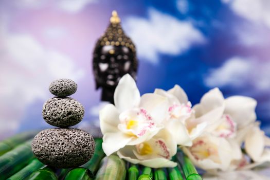 Buddha and blue sky background, vivid colors, natural tone