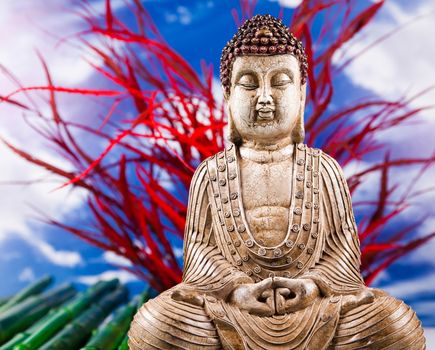 Buddha and blue sky background, vivid colors, natural tone